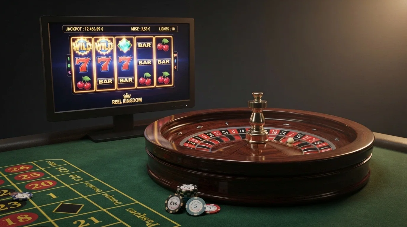 Une table de roulette en direct avec un croupier filmé en studio, entourée de vignettes de machines à sous