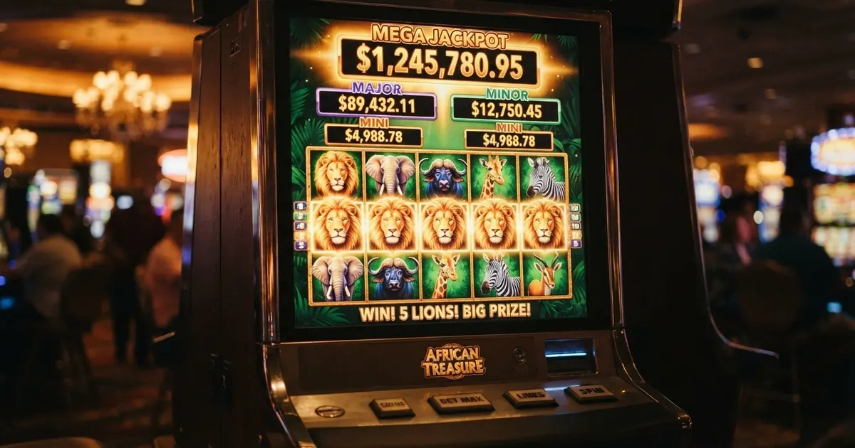 Machine à sous Mega Moolah affichant ses symboles de la savane africaine (lion, éléphant, buffle, girafe) sur cinq rouleaux, avec les quatre montants de jackpot progressif au-dessus de l'écran de jeu