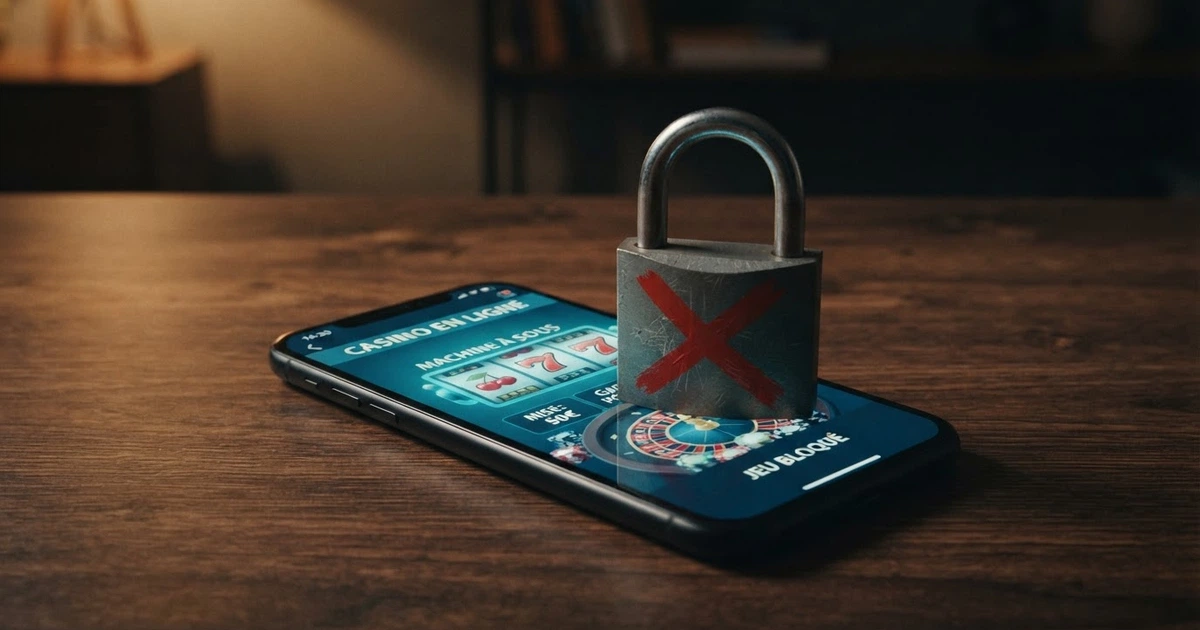Un téléphone mobile affichant une interface de casino avec un cadenas gris barré d'une croix rouge en surimpression