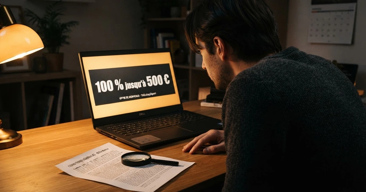 Un joueur devant un écran affichant une offre « 100 % jusqu'à 500 € » d'un casino en ligne, une loupe posée sur les petites lignes des conditions générales.