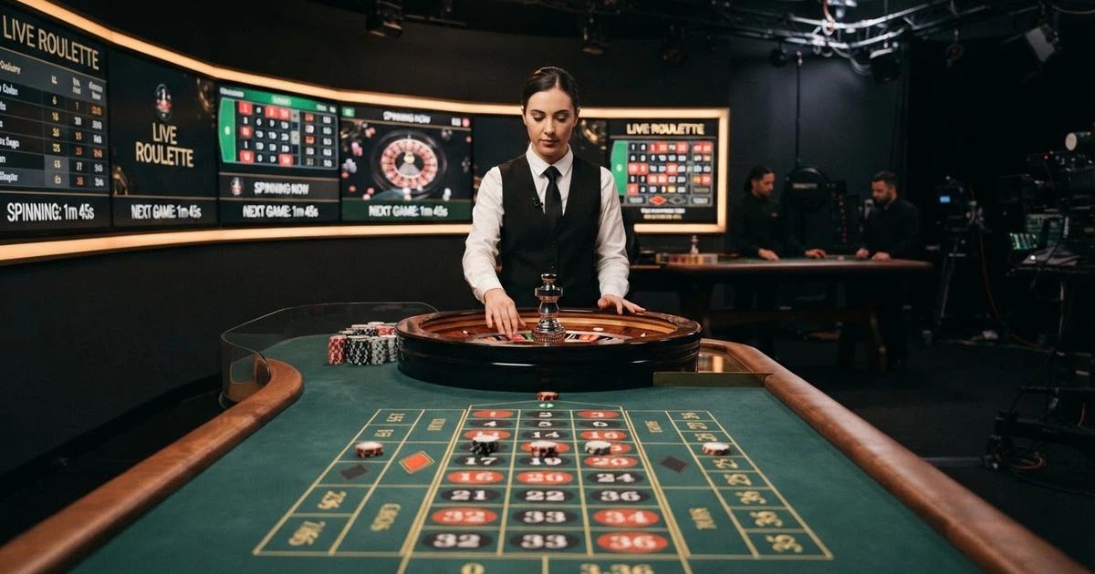 Un croupier en direct anime une table de roulette dans un studio de casino, face caméra, avec un écran d'interface de jeu visible en surimpression