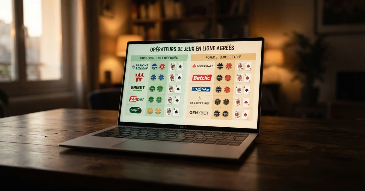 Une liste comparative affichée sur un écran, avec les logos d'opérateurs de jeux en ligne disposés en colonne et des indicateurs de statut légal
