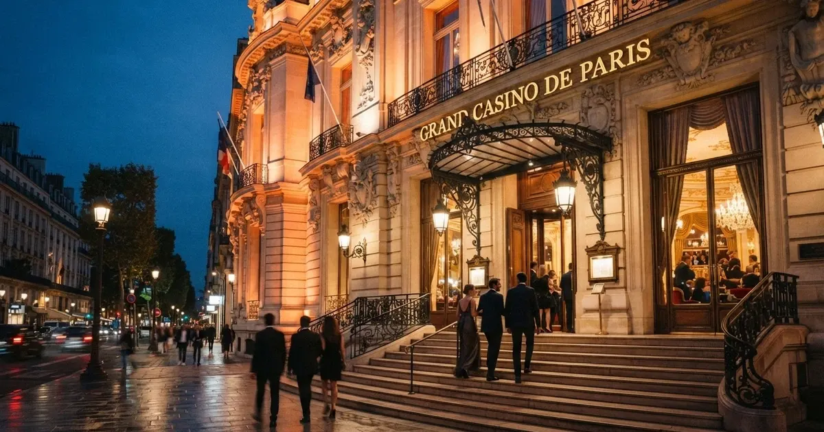 La façade illuminée d'un casino terrestre français, avec des visiteurs à l'entrée