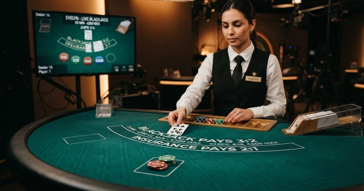 Interface d'un casino live avec table de blackjack, croupier en direct face caméra et interface de mise visible à l'écran