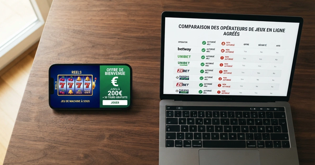 Un écran partagé : à gauche, l'interface en français d'un casino en ligne avec machines à sous et bonus affichés ; à droite, la page d'accueil du site de l'ANJ avec le registre des opérateurs agréés