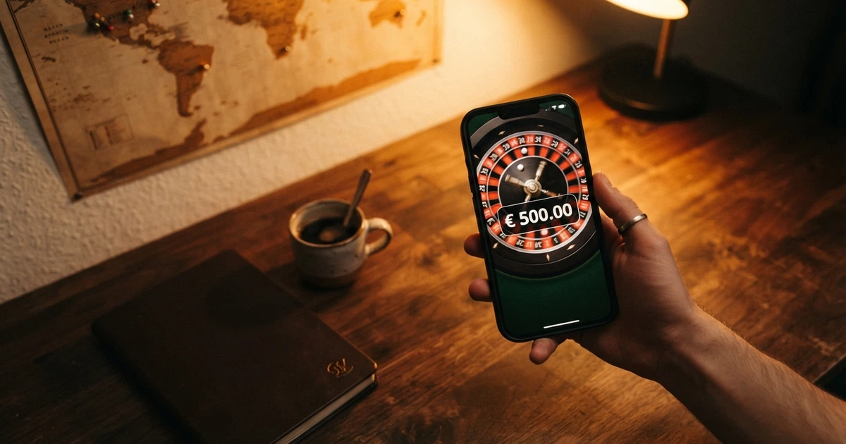 Un joueur français consultant un comparatif de casinos en ligne sur son écran, une carte du monde et des icônes de licence en surimpression
