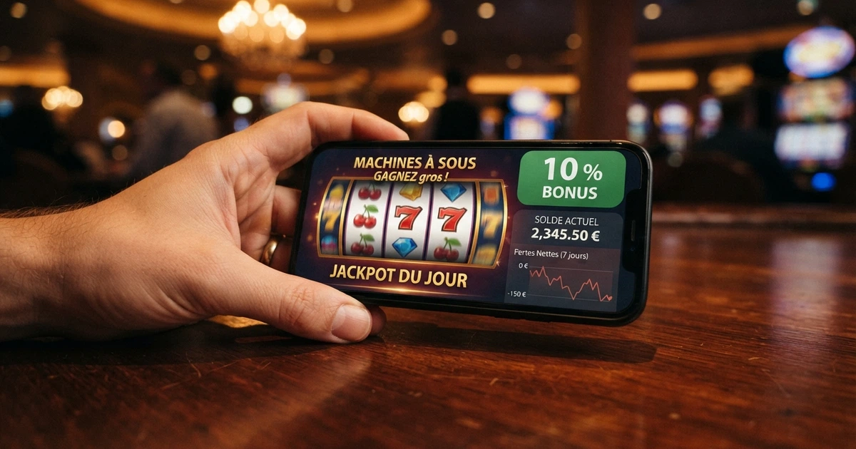 Une main qui tient un téléphone affichant une interface de casino en ligne avec un badge « cashback 10 % » superposé sur un graphique de pertes nettes.