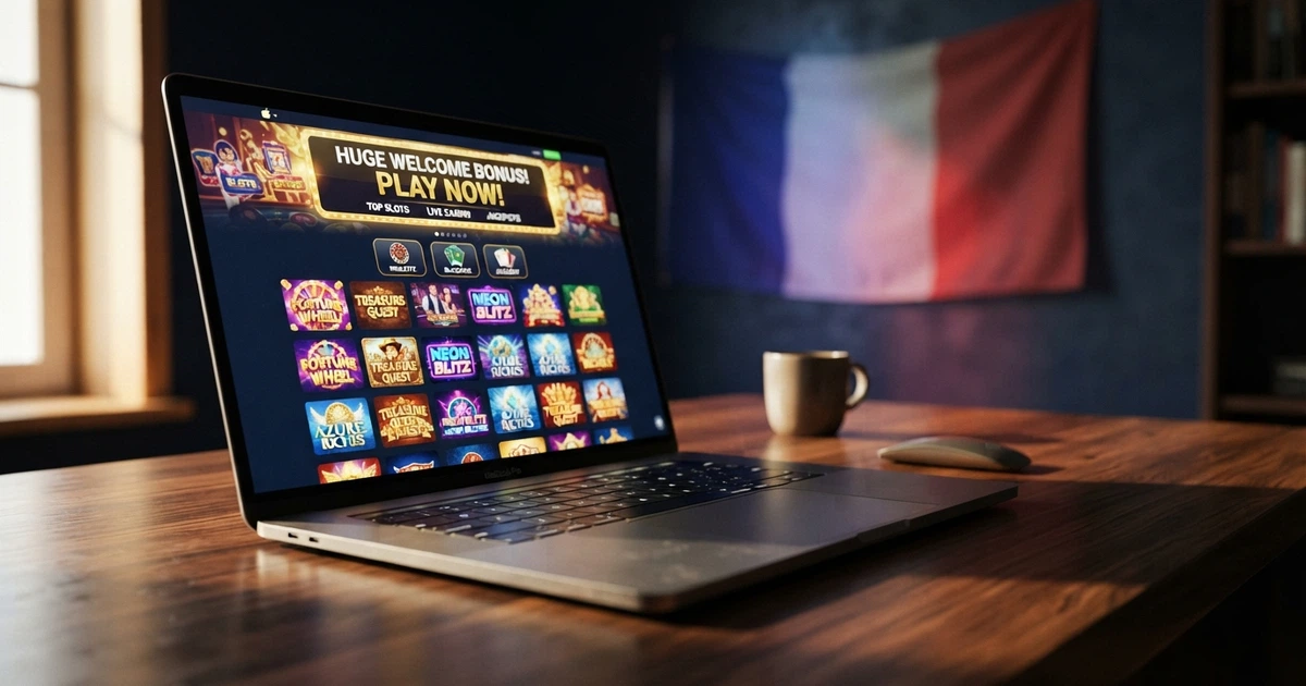 Une page d'accueil de casino en ligne affichant une bannière de bonus et une grille de jeux, sur fond de drapeau français en filigrane