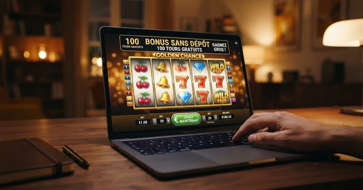 Interface d'un casino en ligne affichant une offre de bonus sans dépôt, avec le bandeau d'inscription et la mention du montant offert
