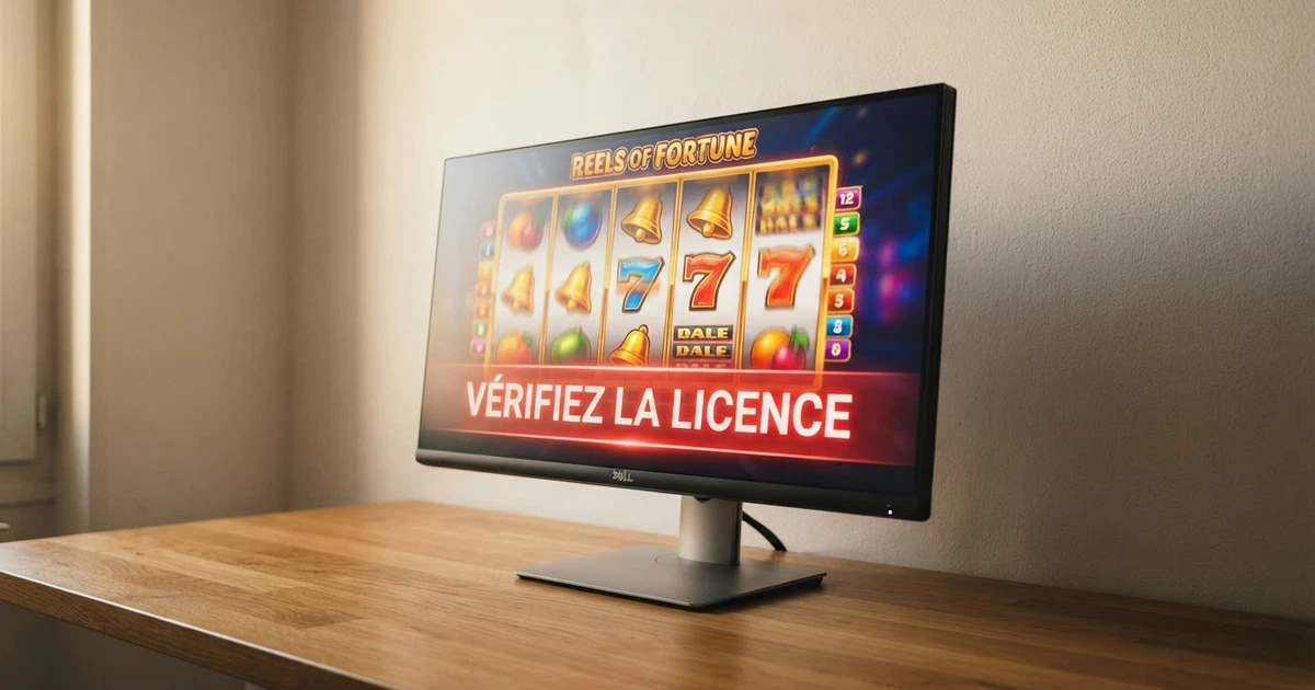 L'entrée d'un casino en ligne affichant des machines à sous sur un écran d'ordinateur, avec un bandeau d'avertissement « Vérifiez la licence » en surimpression