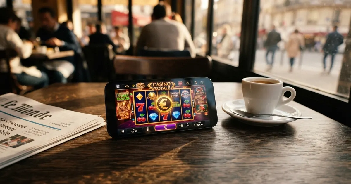 Un smartphone Android affichant la page d'accueil d'un casino en ligne, posé sur une table à côté d'un café, écran allumé et net.