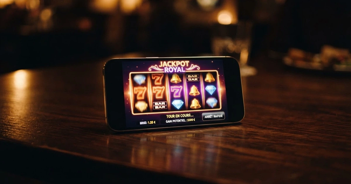 Interface d'un casino en ligne affichée sur l'écran d'un iPhone, une machine à sous colorée en cours de partie tactile, fond sombre