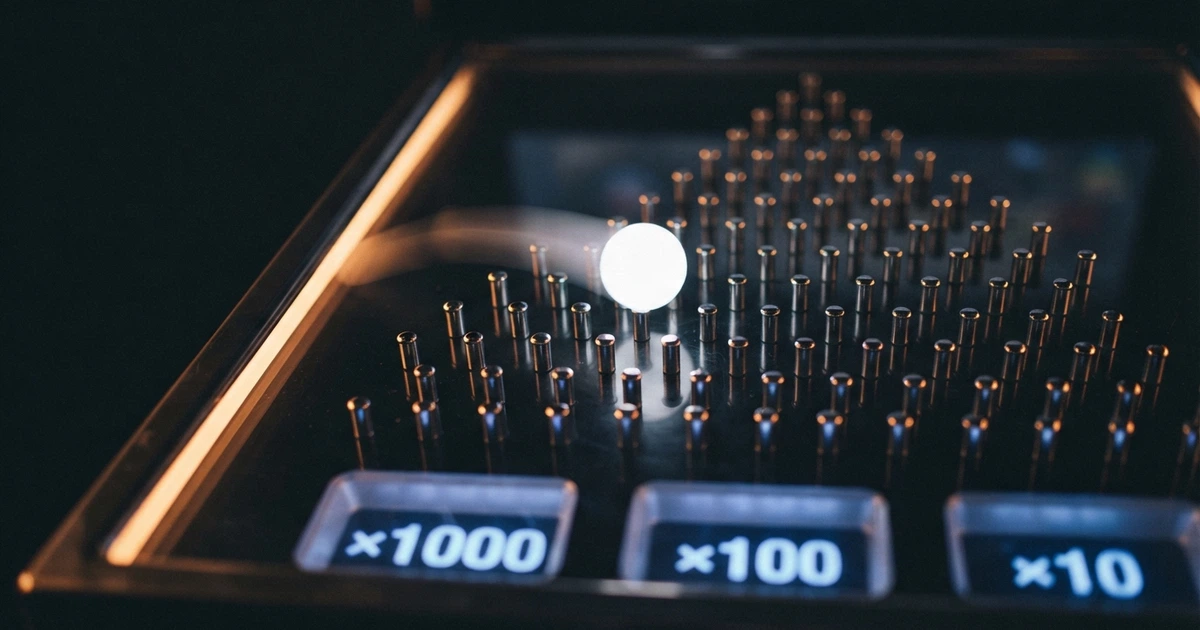Une bille blanche tombe à travers une grille de Plinko illuminée sur fond sombre, les cases de multiplicateur affichant des valeurs en x1 000, x100, x10 en bas du cadre.