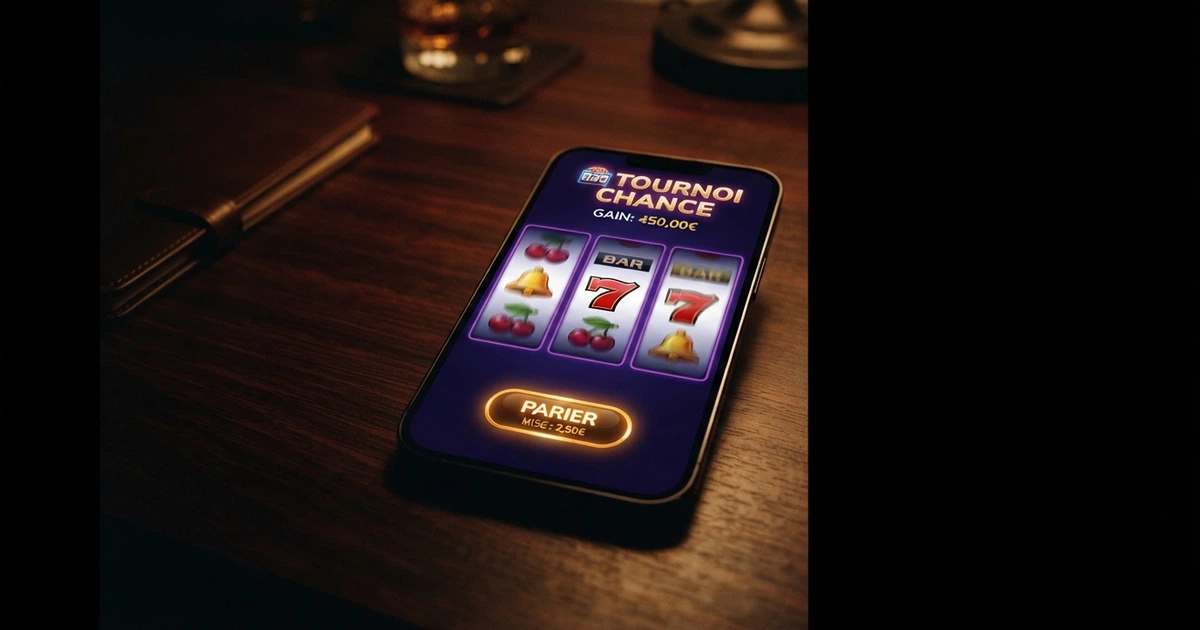 Une interface de machine à sous en ligne colorée affichant des rouleaux, des symboles et un bouton de mise, sur fond sombre