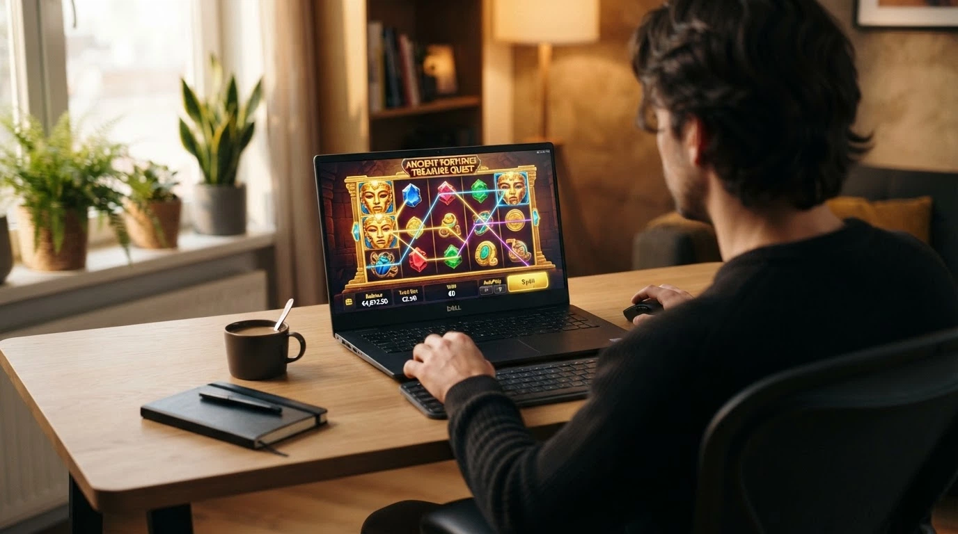 Un écran de jeu affichant les rouleaux d'un slot vidéo contemporain avec des graphismes détaillés et une interface de mise