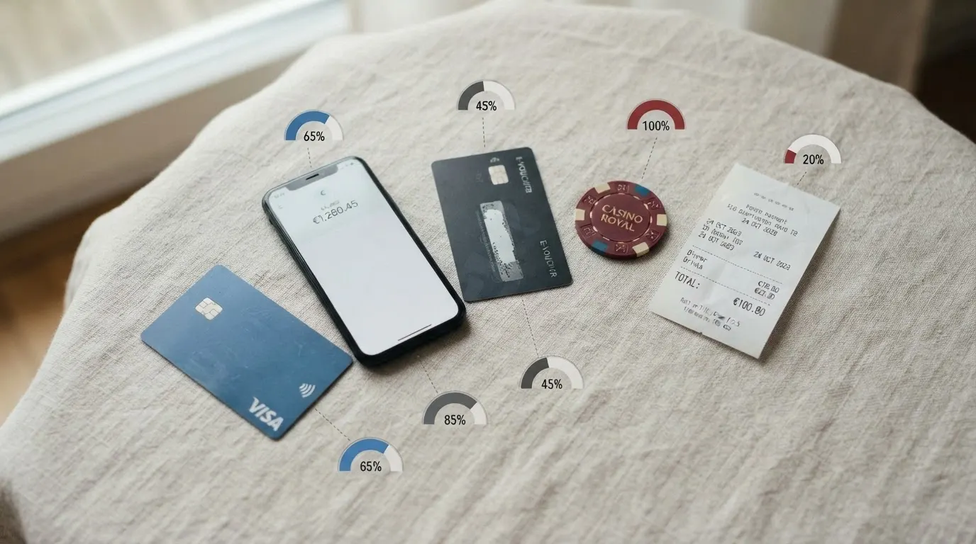 Un éventail de moyens de paiement disposés en arc (carte bancaire, portefeuille électronique, téléphone, coupon prépayé, virement), chacun relié à une jauge de vitesse différente