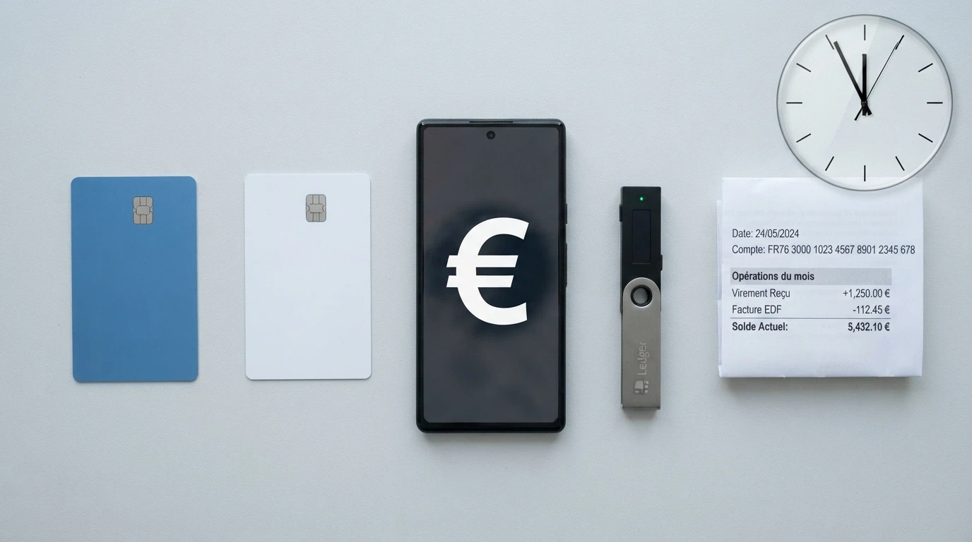 Plusieurs moyens de paiement alignés — portefeuille électronique, carte bancaire, téléphone avec application crypto, relevé bancaire — sur fond d'horloge