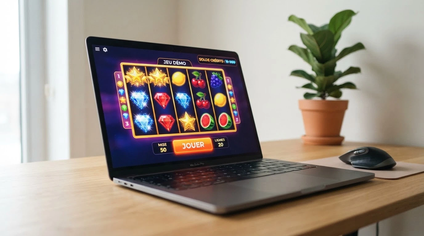 Écran d'ordinateur affichant l'interface d'une machine à sous en mode démo, avec le compteur de crédits virtuels et le bouton « jouer gratuitement »