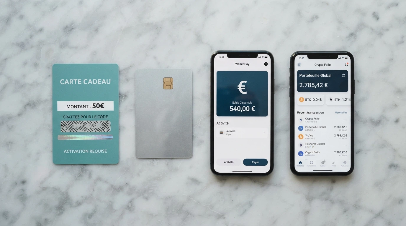 Plusieurs moyens de paiement disposés côte à côte : une carte Neosurf, une carte bancaire, un téléphone affichant PayPal et un portefeuille Bitcoin