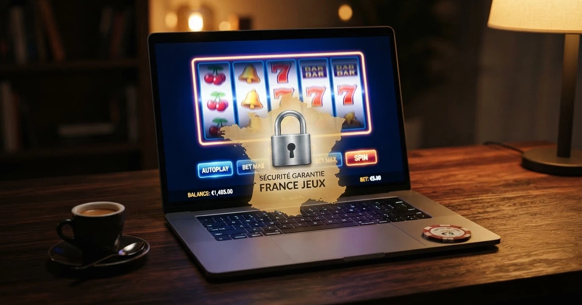 L'écran d'accueil d'un nouveau casino en ligne affiché sur un ordinateur portable, avec une carte de France et un cadenas de sécurité en surimpression