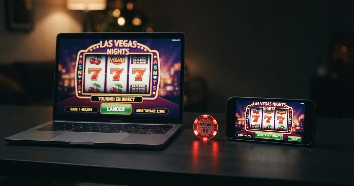 Interface d'un nouveau casino en ligne sur un écran d'ordinateur et un smartphone, fond sombre avec des icônes de bonus