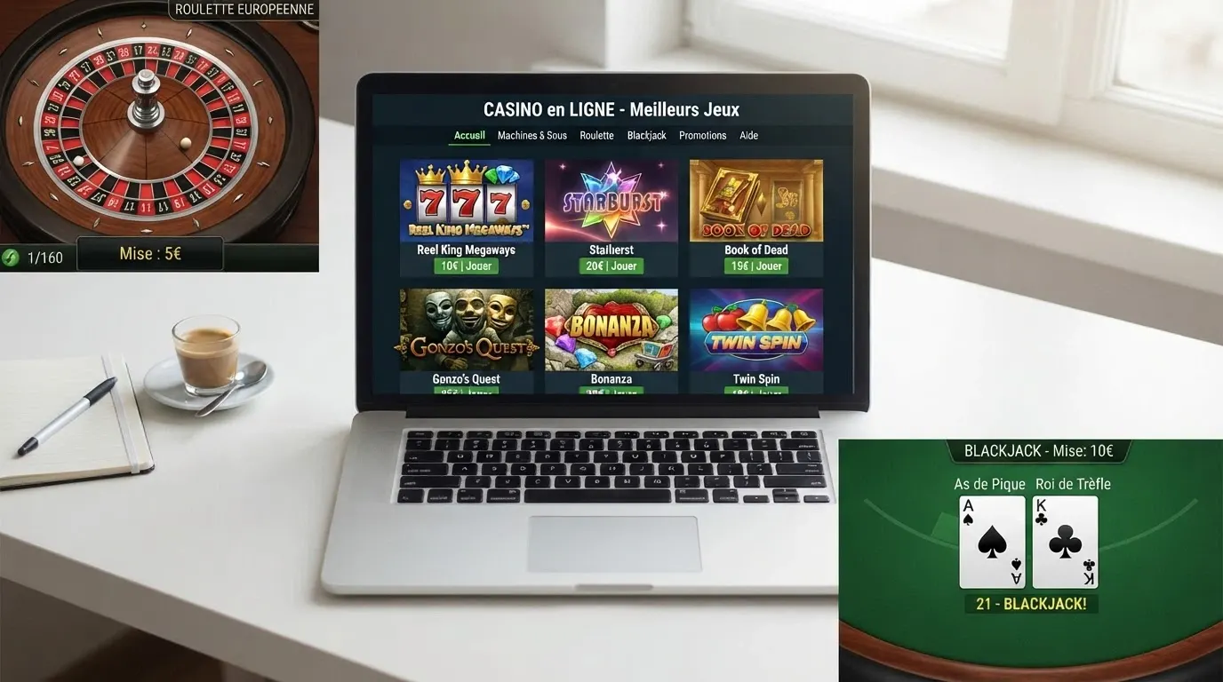 Un écran de casino en ligne affichant une grille de machines à sous aux côtés d'une table de roulette et d'une table de blackjack, avec l'interface de navigation visible.