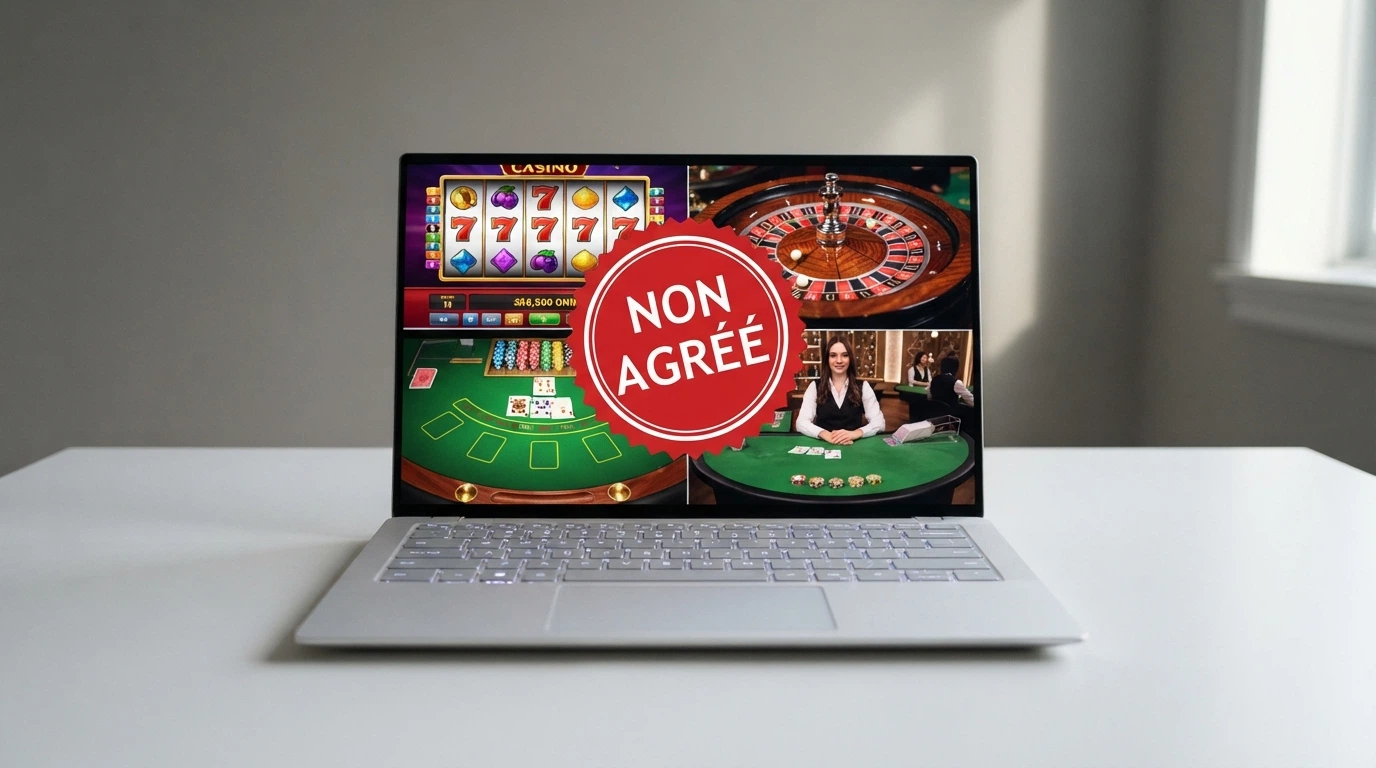Un écran partagé entre les logos de plusieurs casinos en ligne et un tampon rouge « non agréé ANJ »