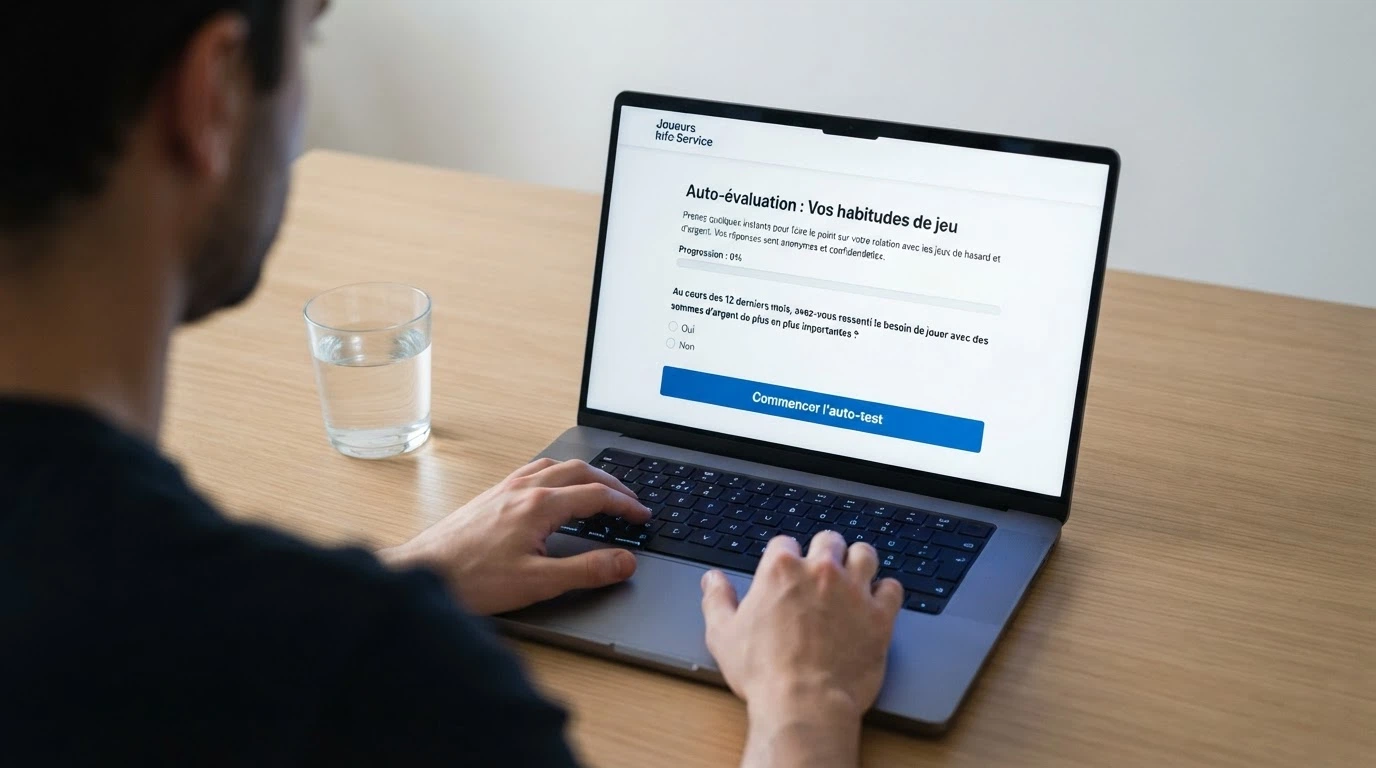 Page d'accueil du site Evalujeu.fr sur un écran d'ordinateur, avec le bouton d'auto-test visible.