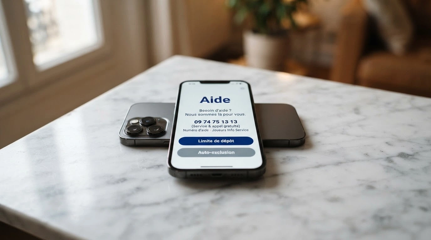 Un téléphone portable affichant le numéro de Joueurs Info Service (09 74 75 13 13) à côté d'une interface montrant des outils de limites de dépôt et d'auto-exclusion