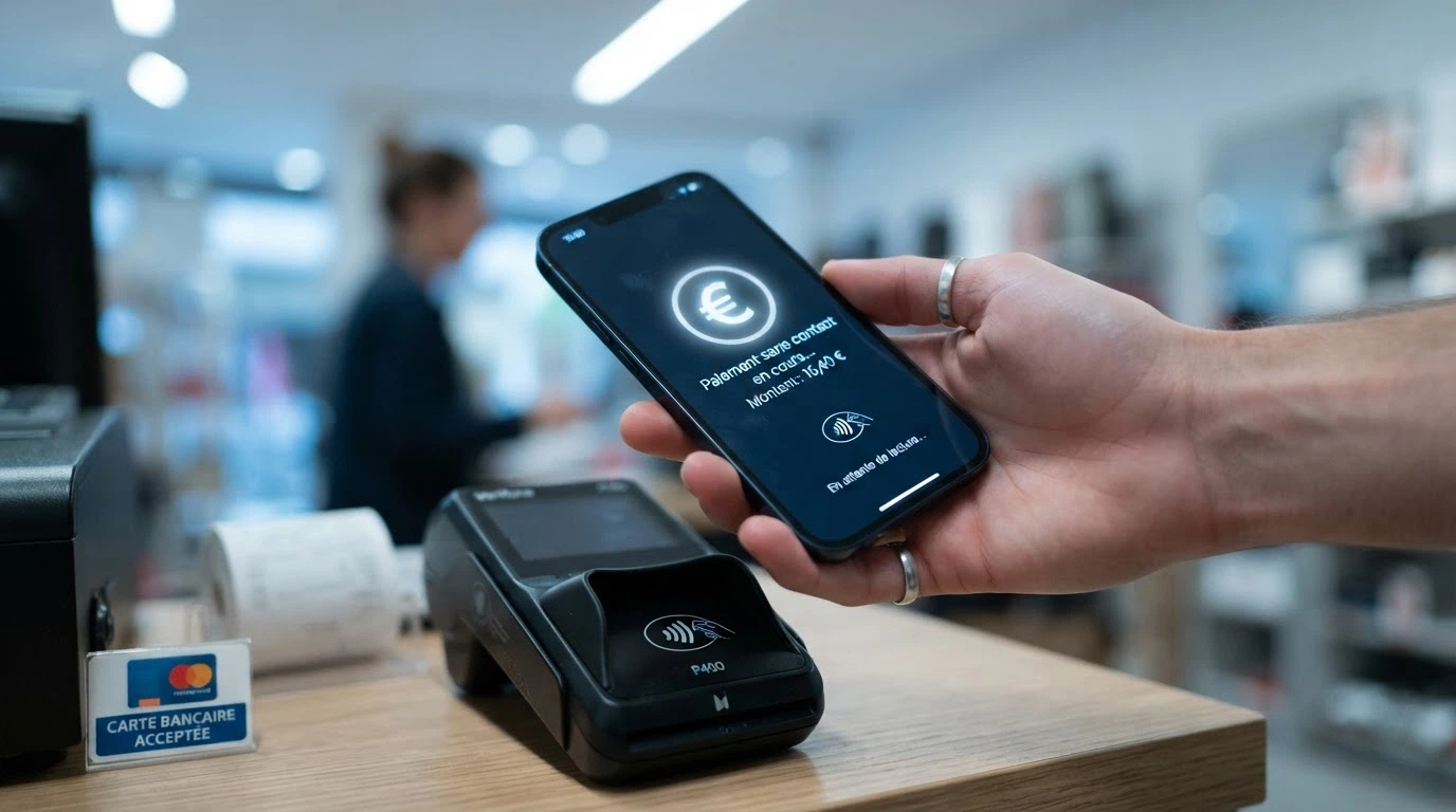 Main tenant un téléphone devant un terminal de paiement, l'écran affichant les logos Carte Bancaire, PayPal et crypto