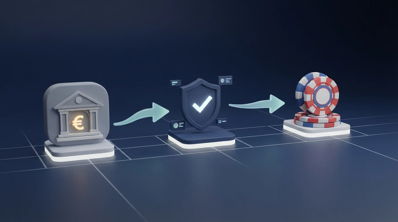 Schéma du circuit d'un dépôt par virement SEPA : du compte bancaire du joueur à l'IBAN du casino en passant par la validation KYC