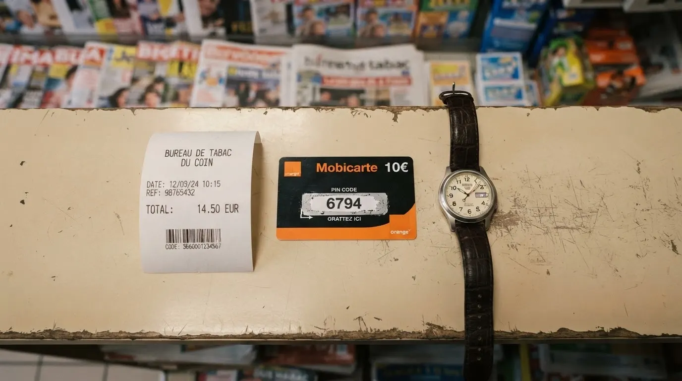 Un ticket de caisse de bureau de tabac avec un reçu Paysafecard et une montre affichant un calendrier