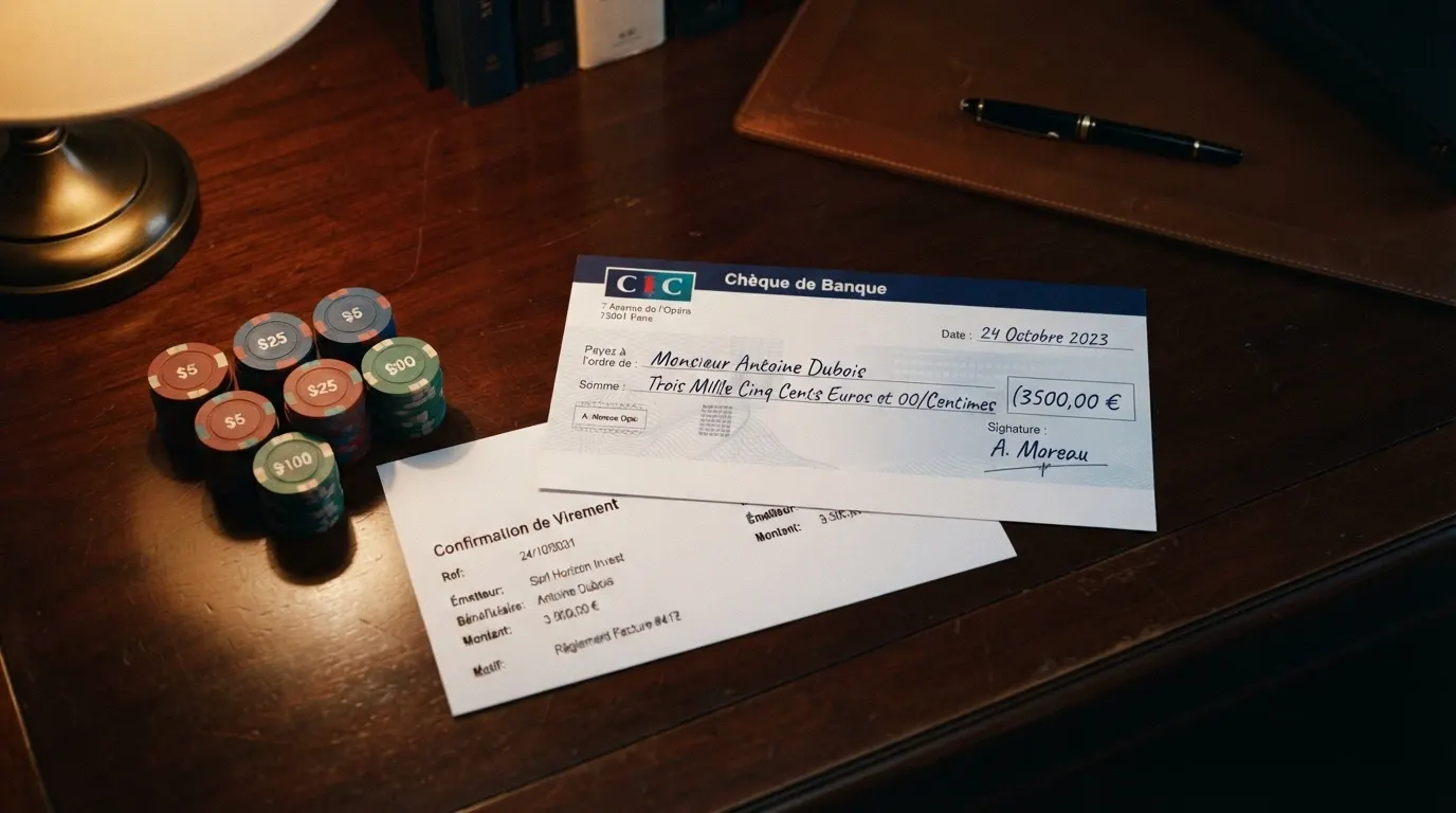 Un chèque de caisse et un relevé de virement bancaire posés à côté de jetons de casino, symbole des alternatives au-delà du plafond