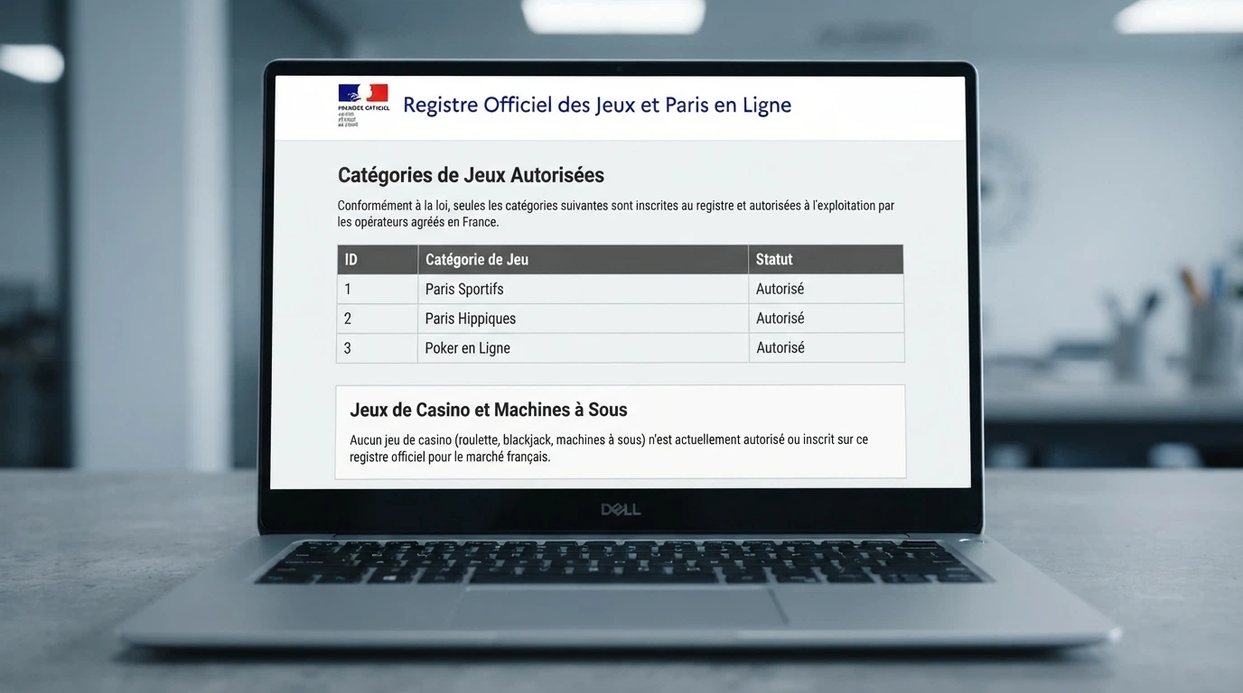 Une page web officielle affichant un extrait du registre des opérateurs agréés par l'ANJ, avec la mention « paris sportifs, paris hippiques, poker » visible