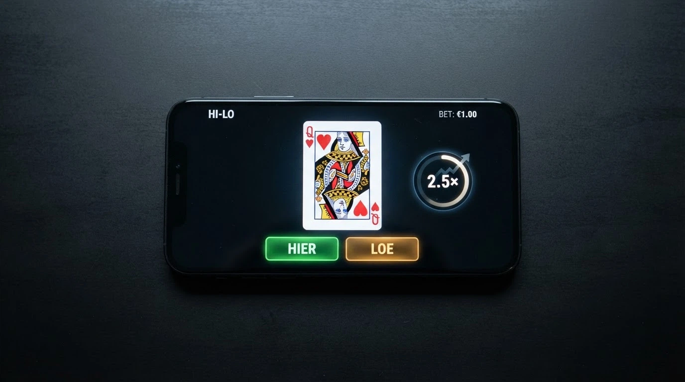 Capture d'écran du jeu Hi-Lo affichant une carte retournée, les boutons « Plus haut » et « Plus bas », et le multiplicateur de gain actuel