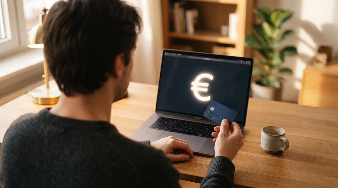 Un joueur consultant la page caisse d'un casino en ligne, une carte American Express à la main