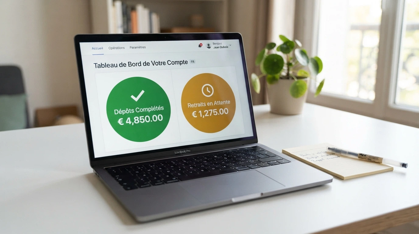 Tableau de bord d'un compte joueur affichant l'historique des transactions par Mastercard : dépôts crédités et retraits en attente