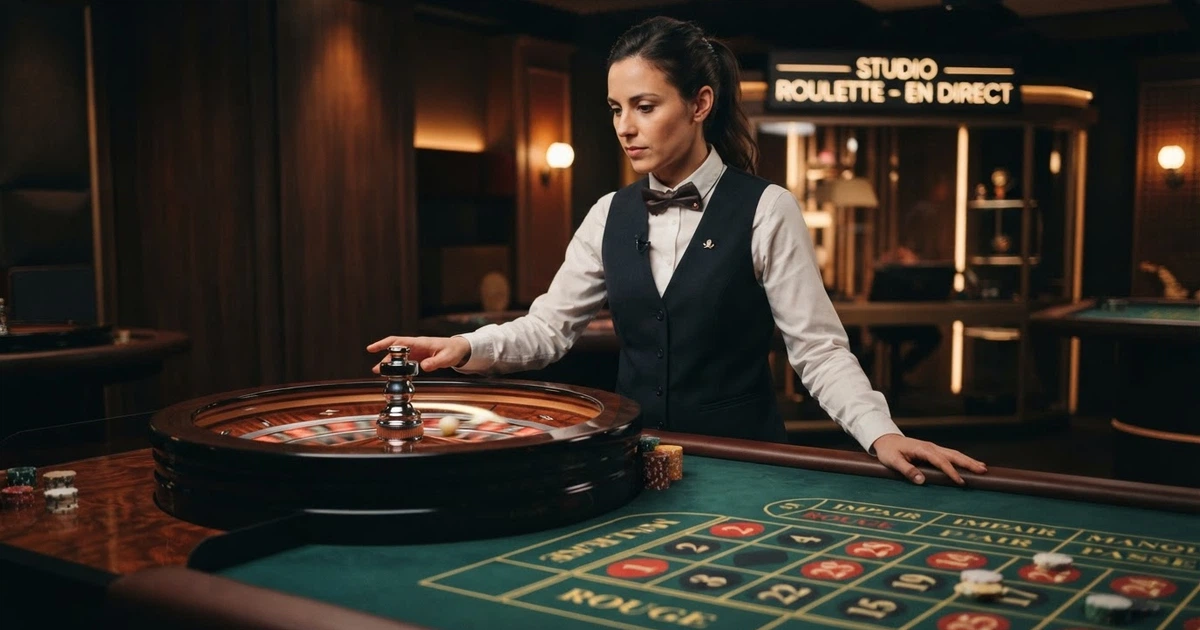 Un croupier filmé en plan rapproché devant une table de roulette en studio, le cylindre en mouvement
