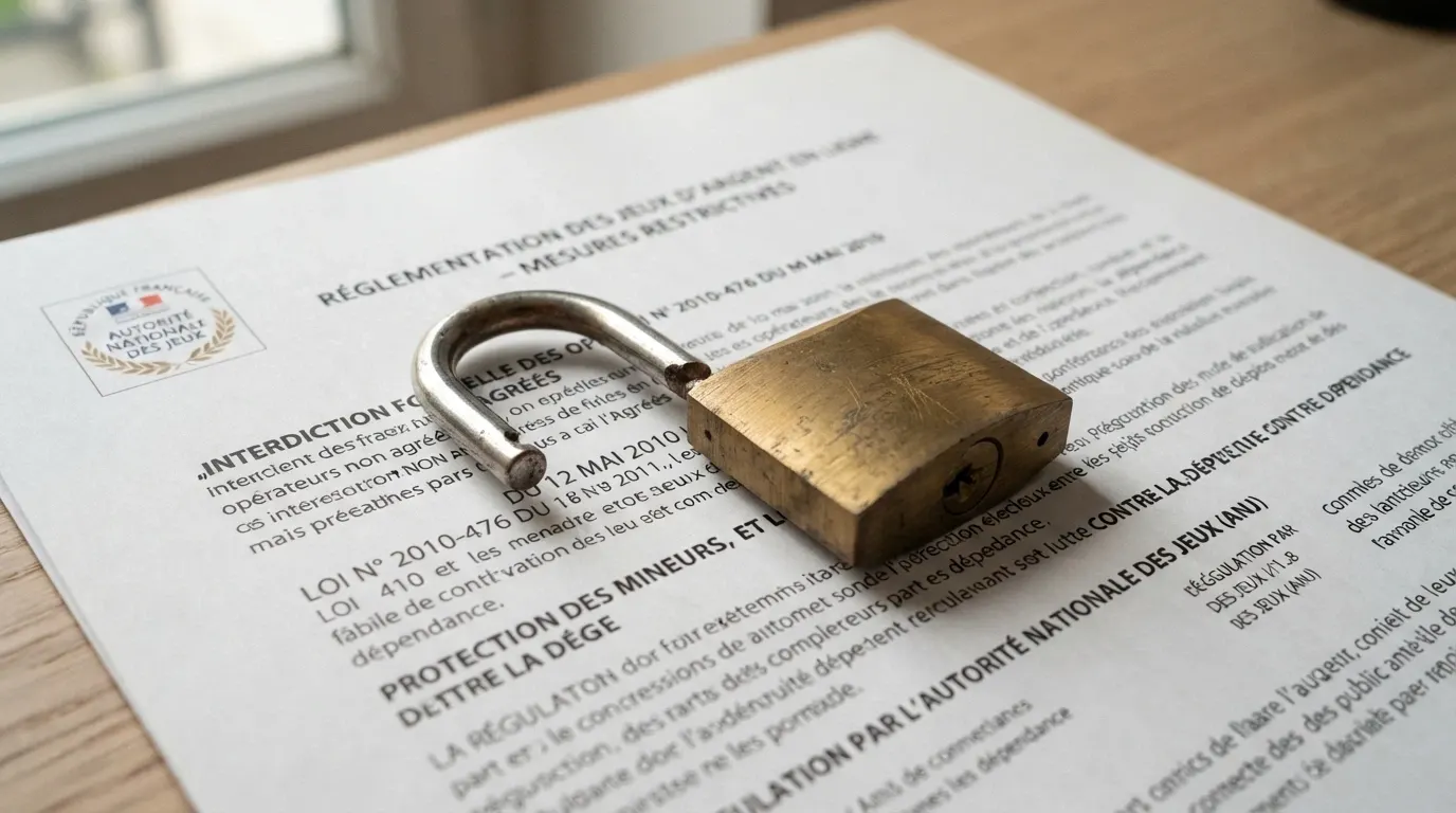 Un cadenas ouvert posé sur un extrait du Journal officiel français, avec le logo de l'ANJ visible en filigrane