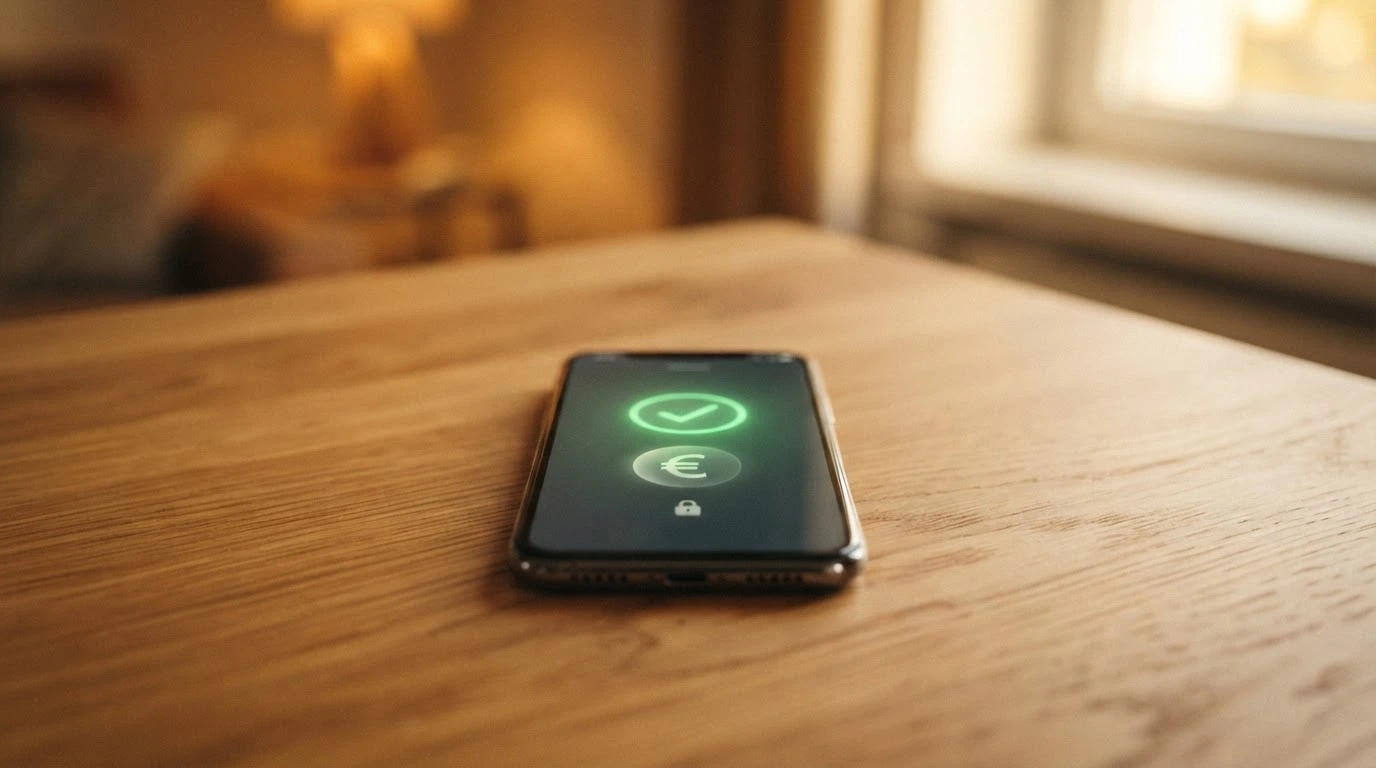 Un téléphone posé sur une table, l'écran affichant une confirmation de paiement Google Pay avec le cadenas de sécurité visible