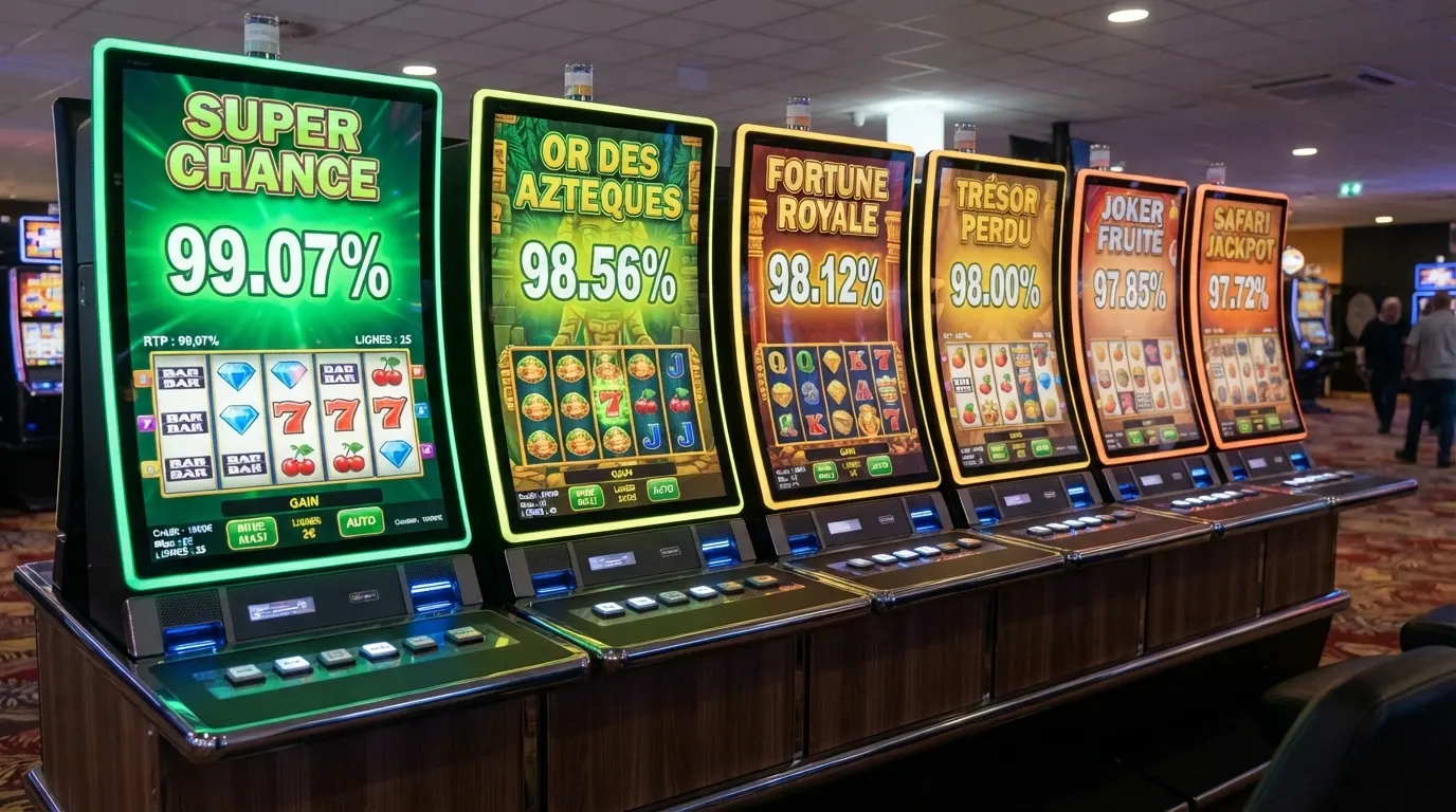 Six écrans de machines à sous alignés côte à côte, chacun affichant son RTP en pourcentage dans une interface de jeu, du plus élevé (99,07 %) au plus bas (97,72 %).