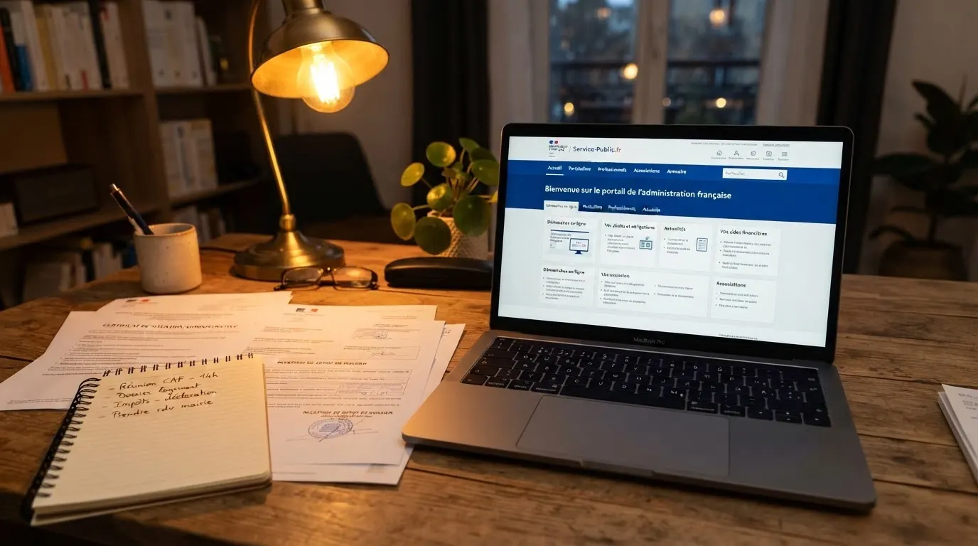 Des documents officiels et un écran affichant le site anj.fr