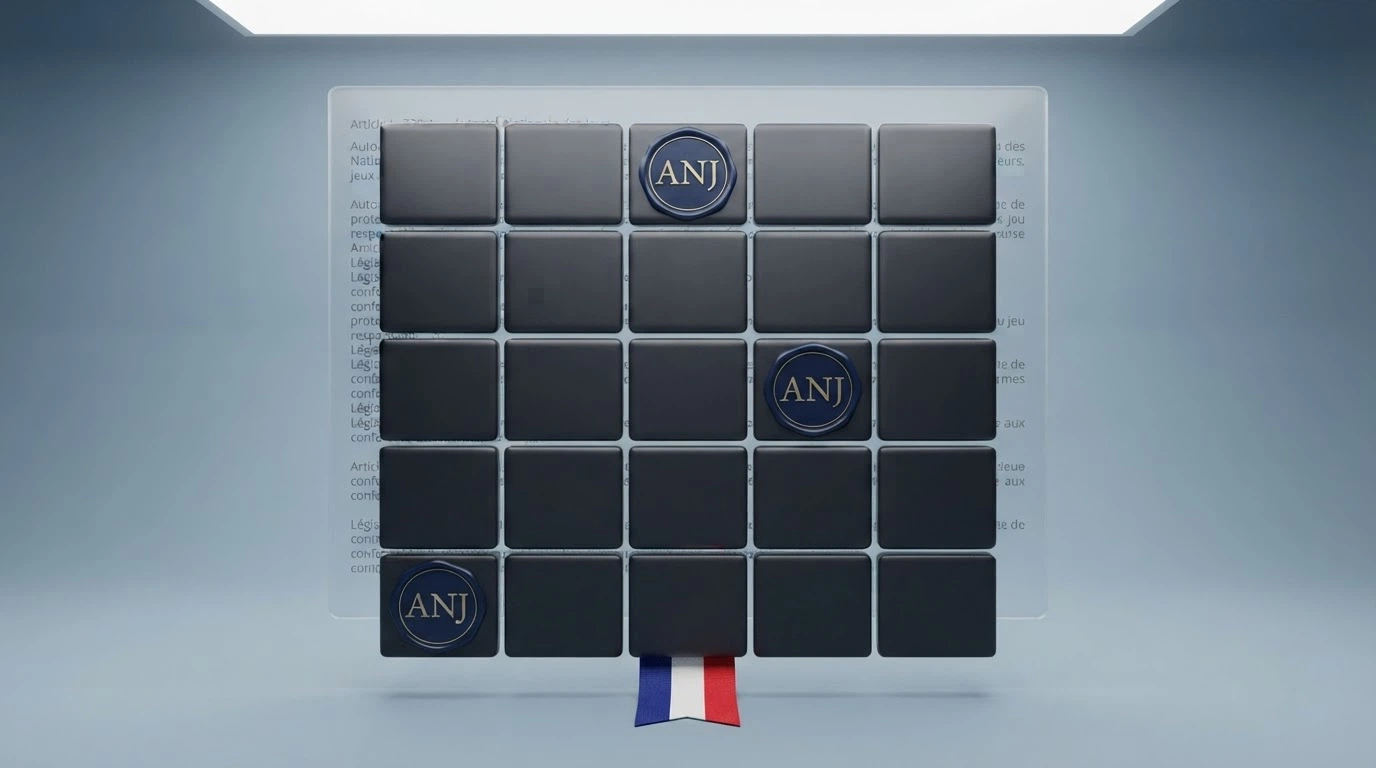 Une illustration conceptuelle : une grille de Mines dont certaines cases sont marquées d'un symbole ANJ barré et d'autres d'un drapeau français, sur fond de texte juridique