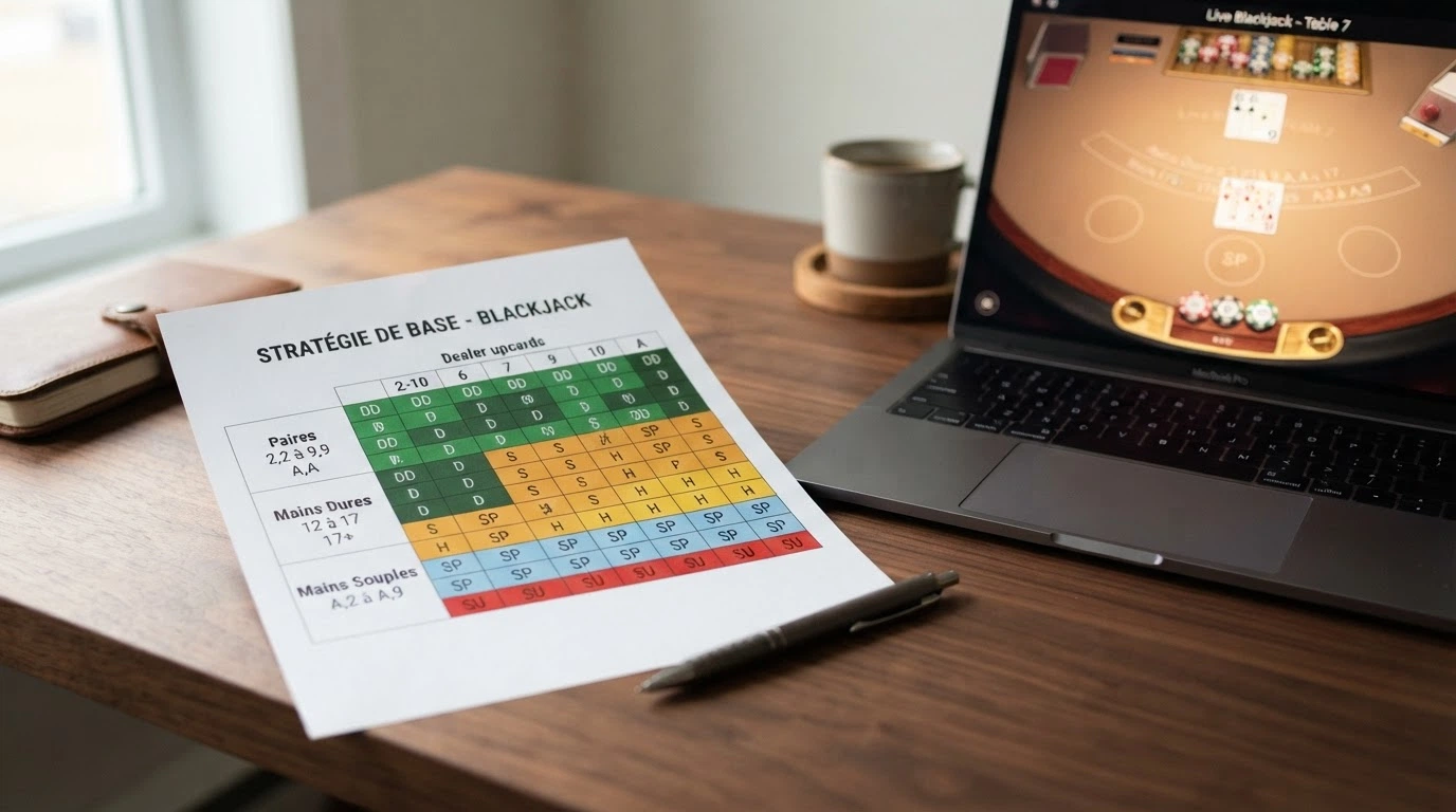 Un tableau simplifié de stratégie de base posé à côté d'un écran montrant une table de blackjack, avec les zones de décision en couleur