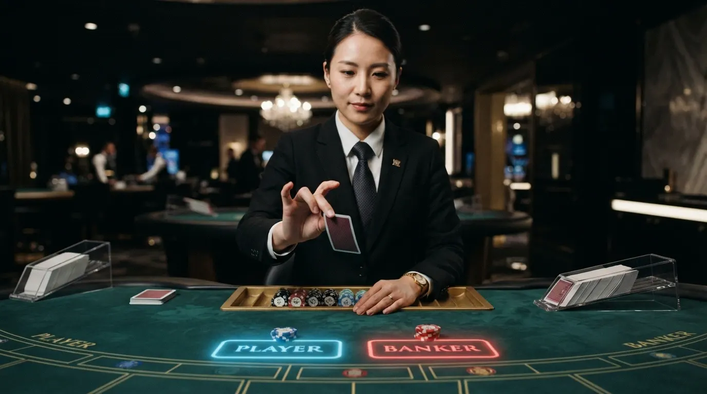Un croupier de baccarat live, cadré en plan moyen derrière une table de casino, révèle une carte face caméra, les cases Player et Banker illuminées à l'écran.