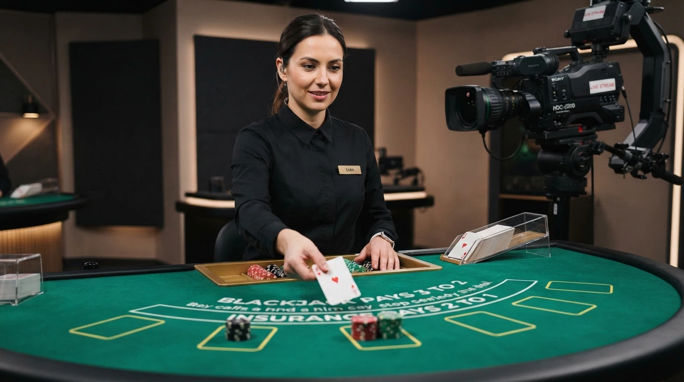 Un croupier de casino live dans un studio maltais, carte en main, face à une table de blackjack filmée en direct, avec l'interface de jeu visible à l'écran