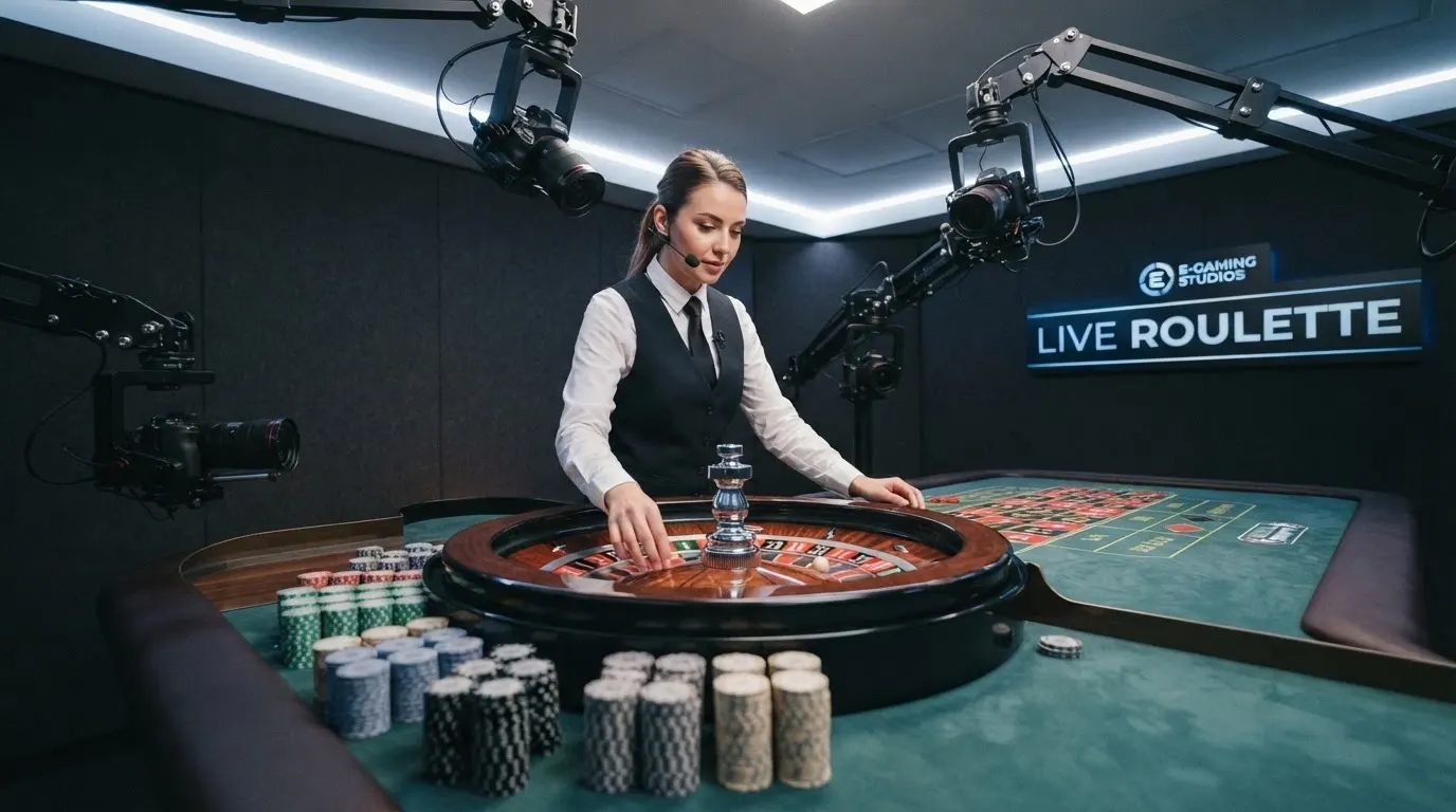 Croupier en direct dans un studio Evolution Gaming, roulette filmée sous plusieurs angles