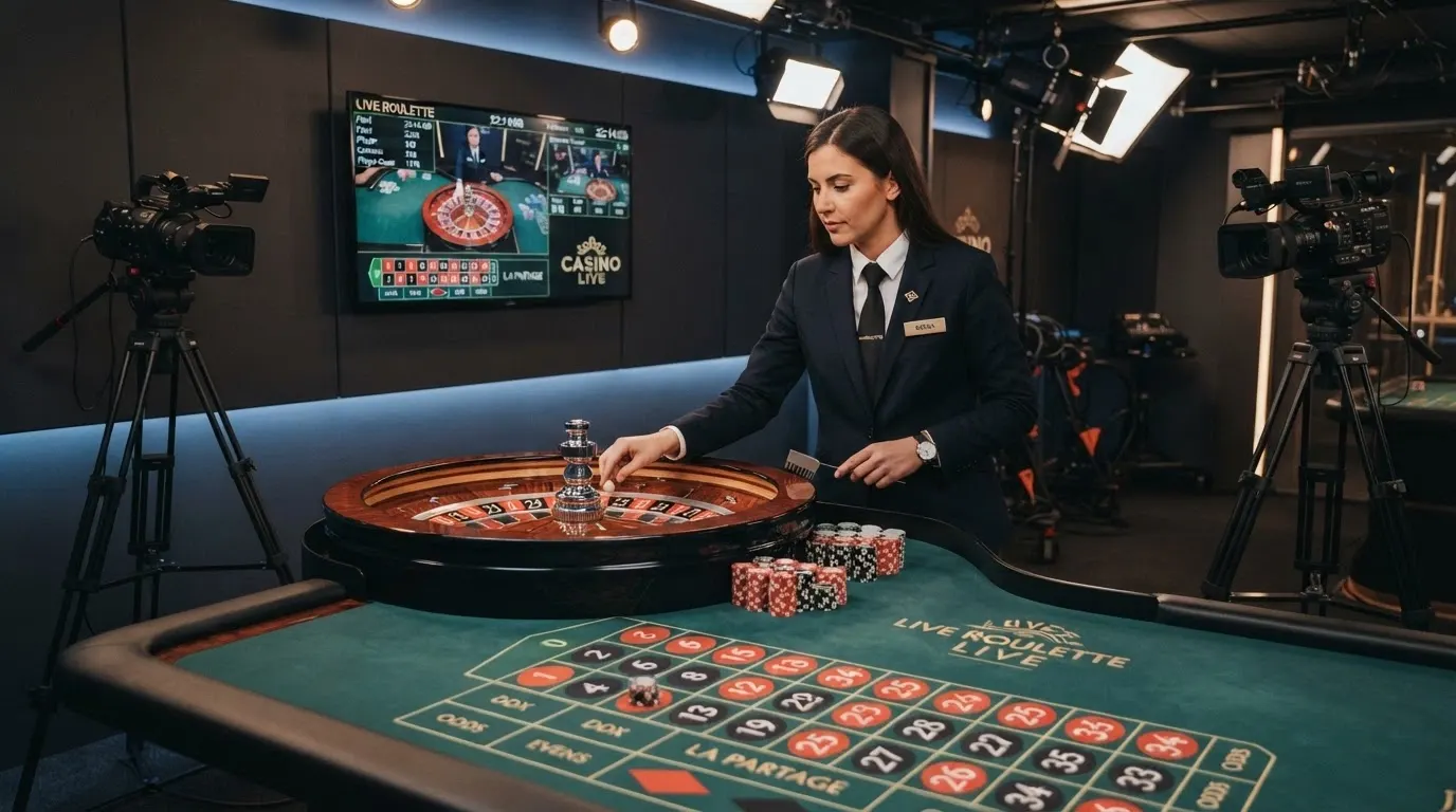Table de roulette en direct filmée en studio avec un croupier professionnel et l'interface de jeu visible à l'écran