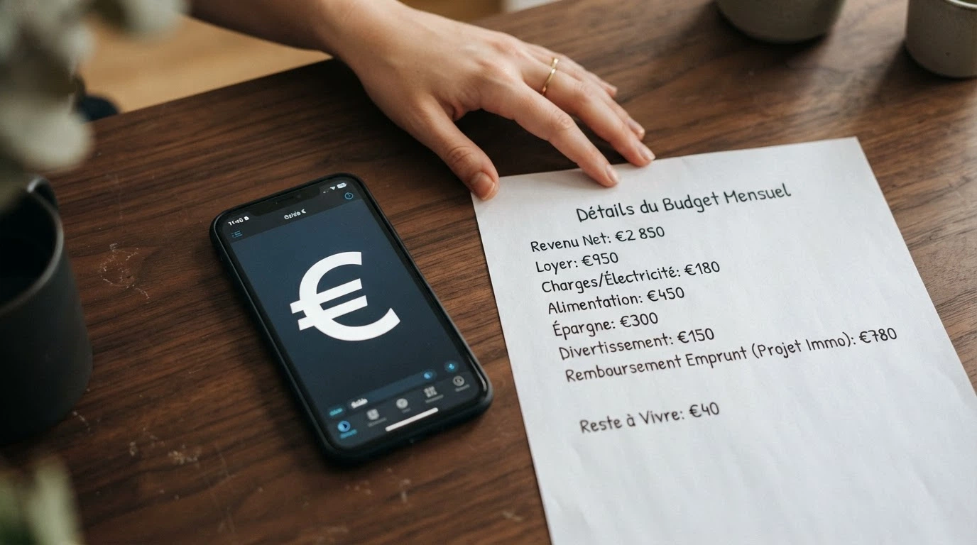 Un dossier de crédit posé à côté d'un téléphone, avec une main qui consulte un document d'aide au budget