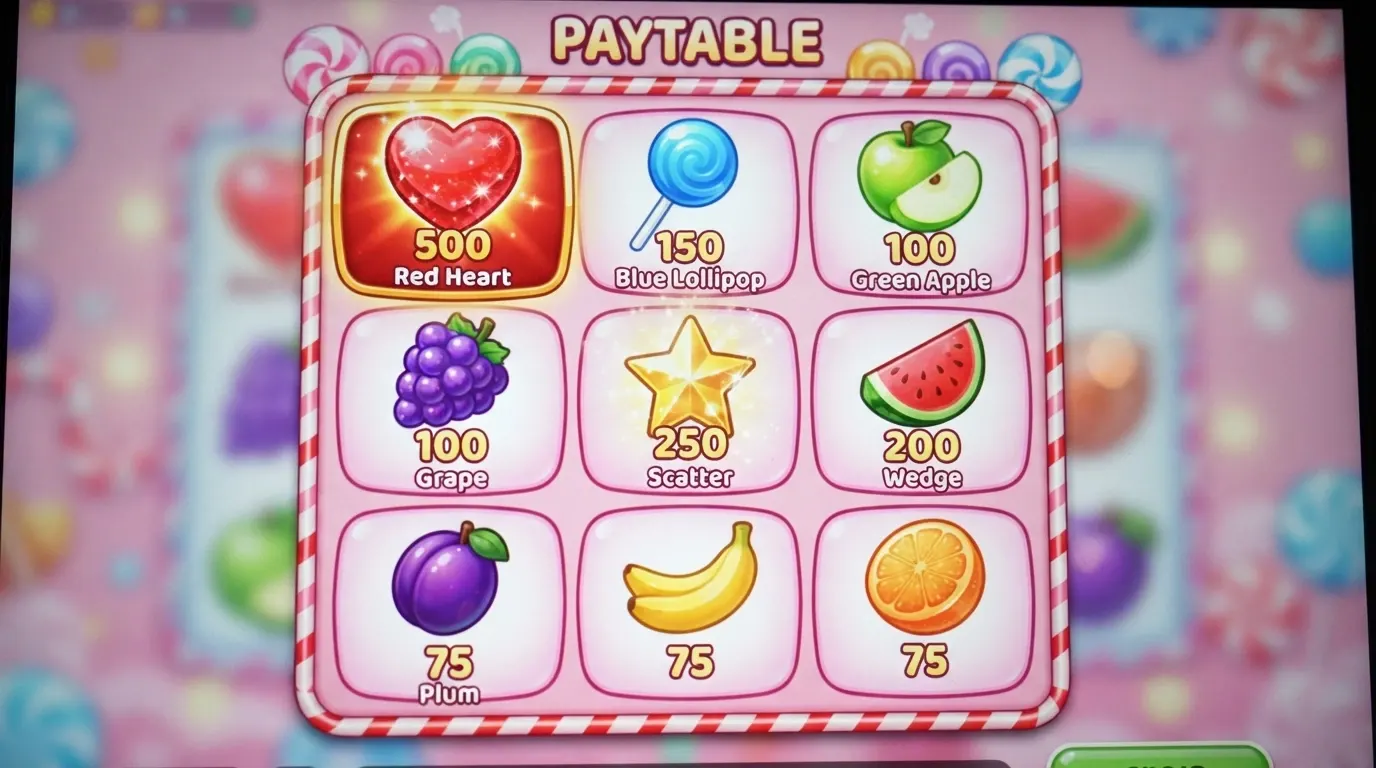 les neuf symboles de Sweet Bonanza alignés sur la grille 6×5, du bonbon rouge aux fruits les moins rémunérateurs